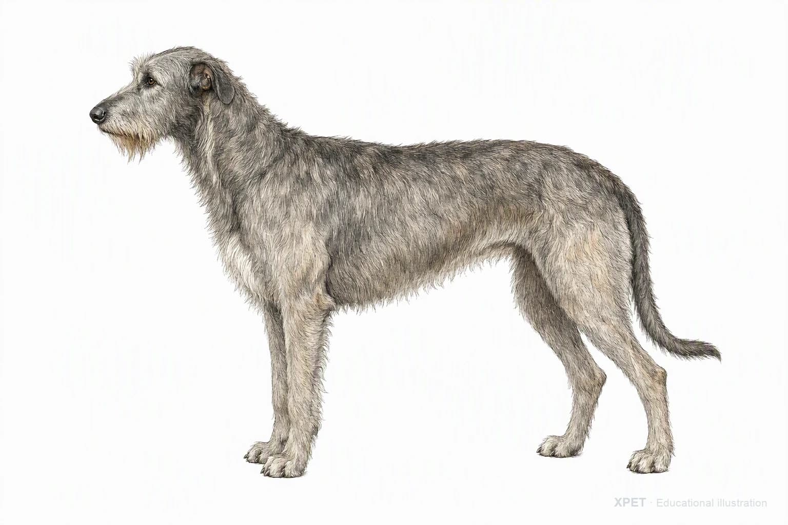 Original XPET engraving and watercolor illustration of Irish Wolfhound: an adult in left-facing profile.
