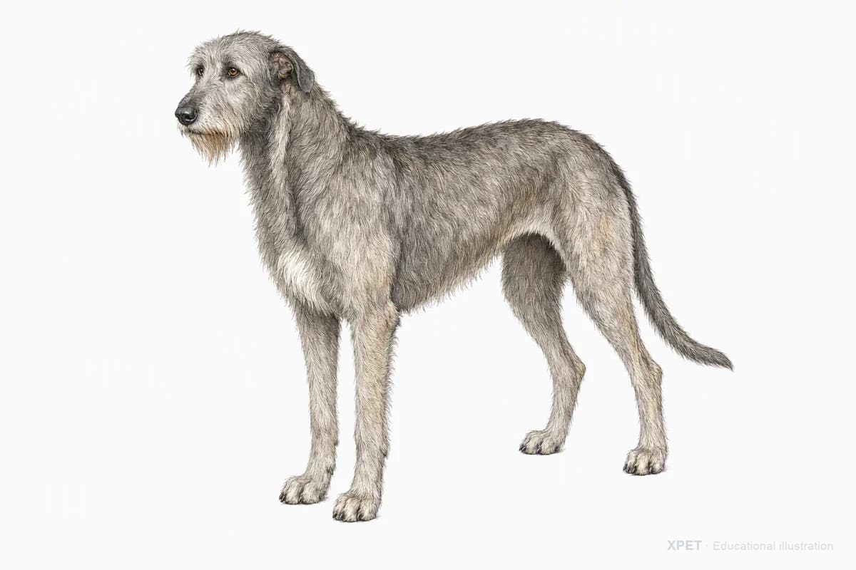Original XPET engraving and watercolor illustration of Irish Wolfhound: a complete three-quarter standing view.