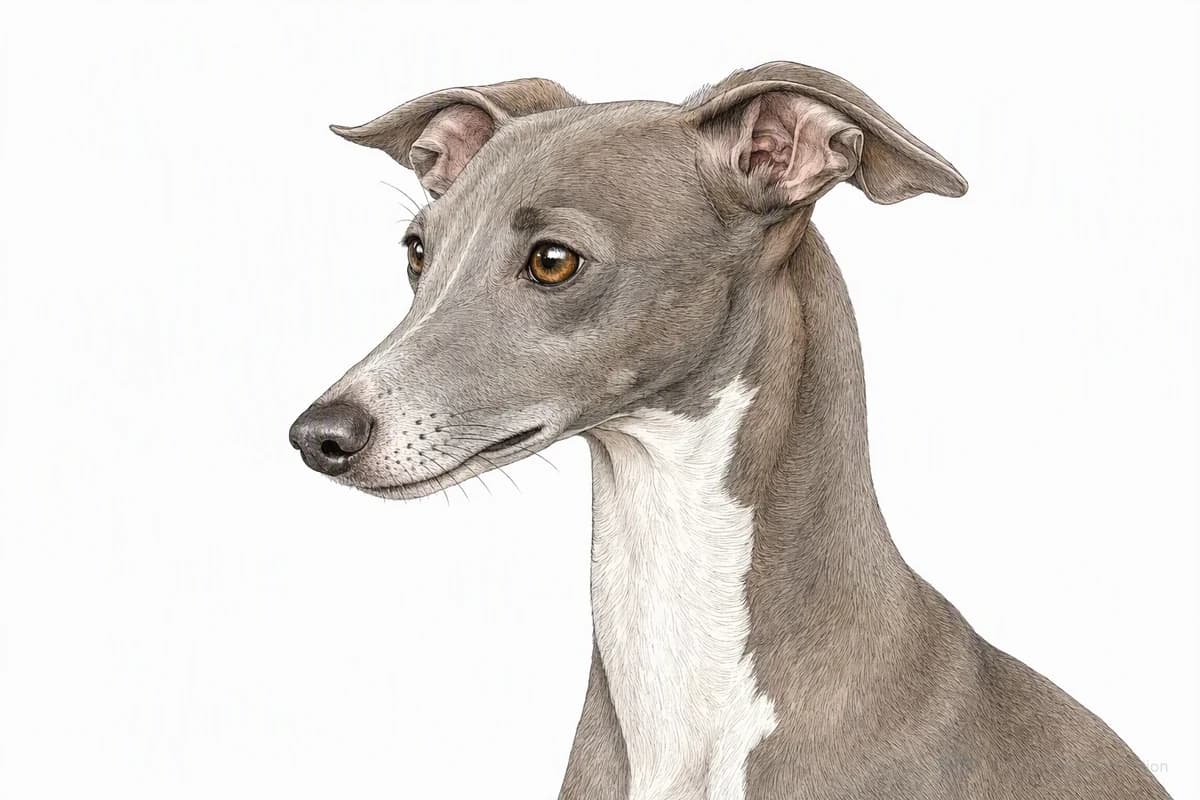 Original XPET engraving and watercolor illustration of Italian Greyhound: a head and coat detail study.