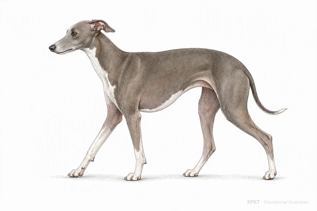 Original XPET engraving and watercolor illustration of Italian Greyhound: a natural movement study.