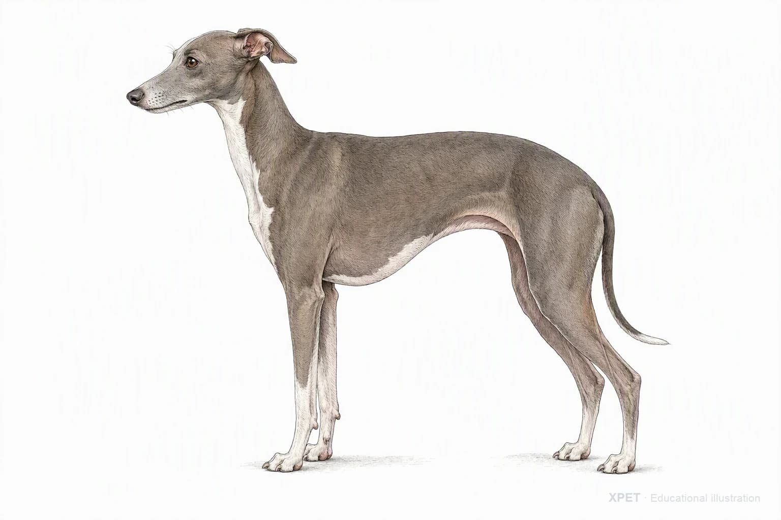 Original XPET engraving and watercolor illustration of Italian Greyhound: an adult in left-facing profile.