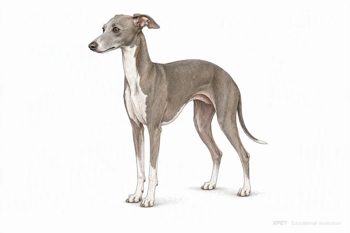 Original XPET engraving and watercolor illustration of Italian Greyhound: a complete three-quarter standing view.