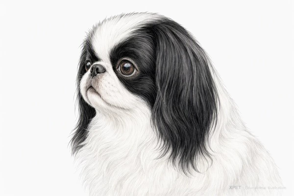 Original XPET engraving and watercolor illustration of Japanese Chin: a head and coat detail study.