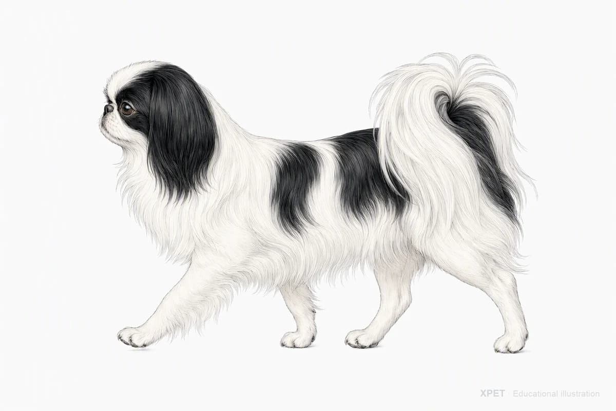 Original XPET engraving and watercolor illustration of Japanese Chin: a natural movement study.