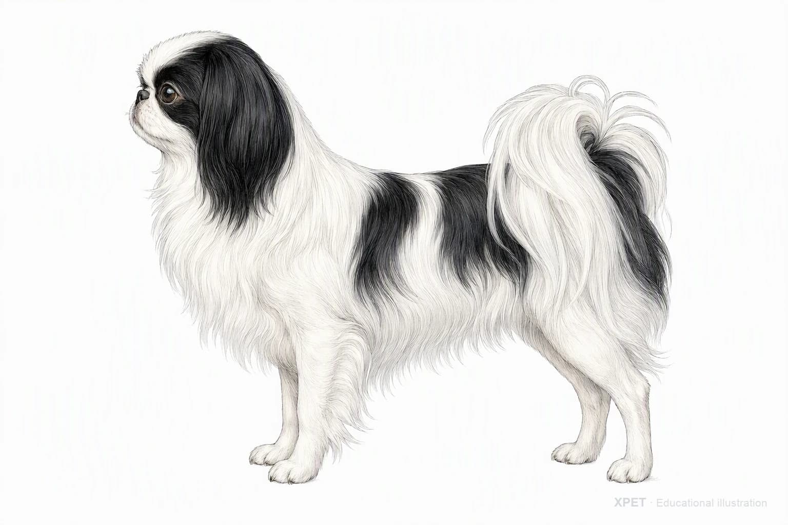 Original XPET engraving and watercolor illustration of Japanese Chin: an adult in left-facing profile.