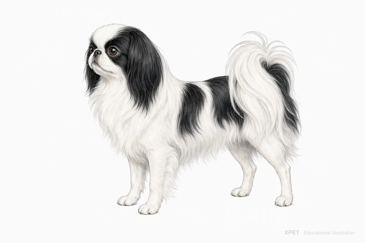 Original XPET engraving and watercolor illustration of Japanese Chin: a complete three-quarter standing view.