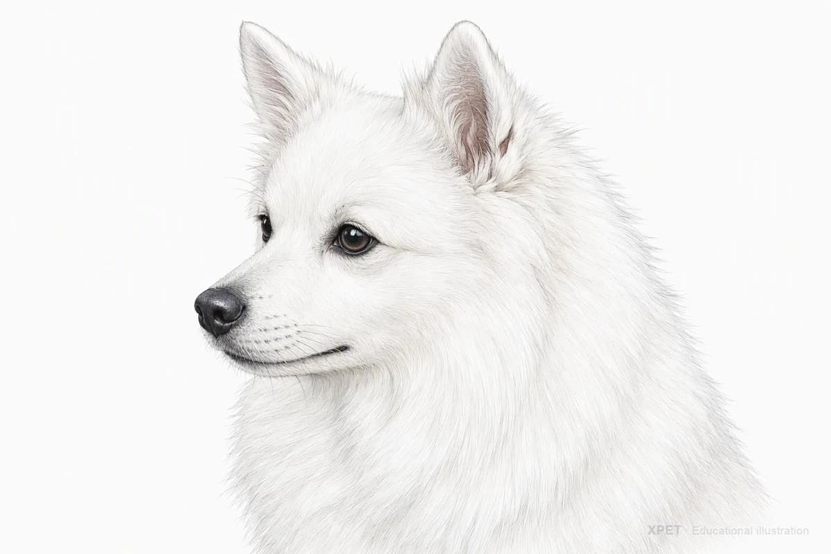 Original XPET engraving and watercolor illustration of Japanese Spitz: a head and coat detail study.