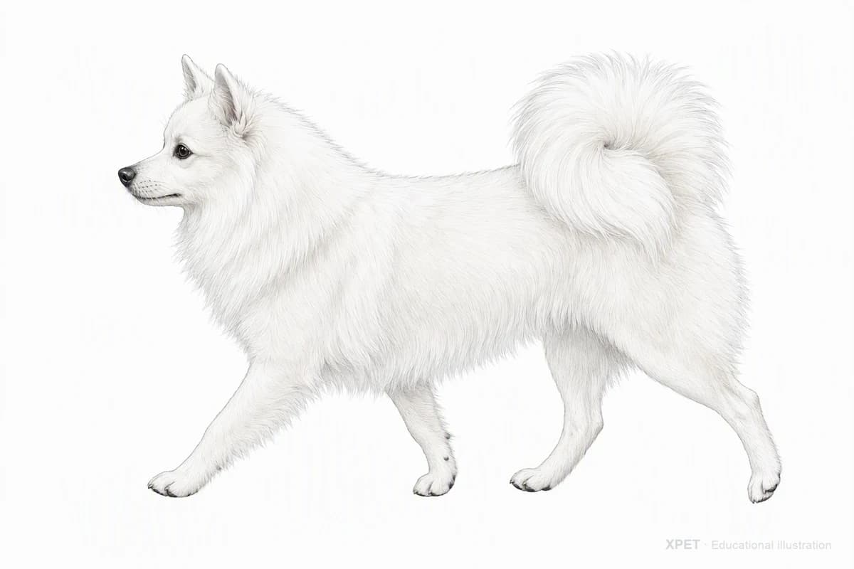 Original XPET engraving and watercolor illustration of Japanese Spitz: a natural movement study.