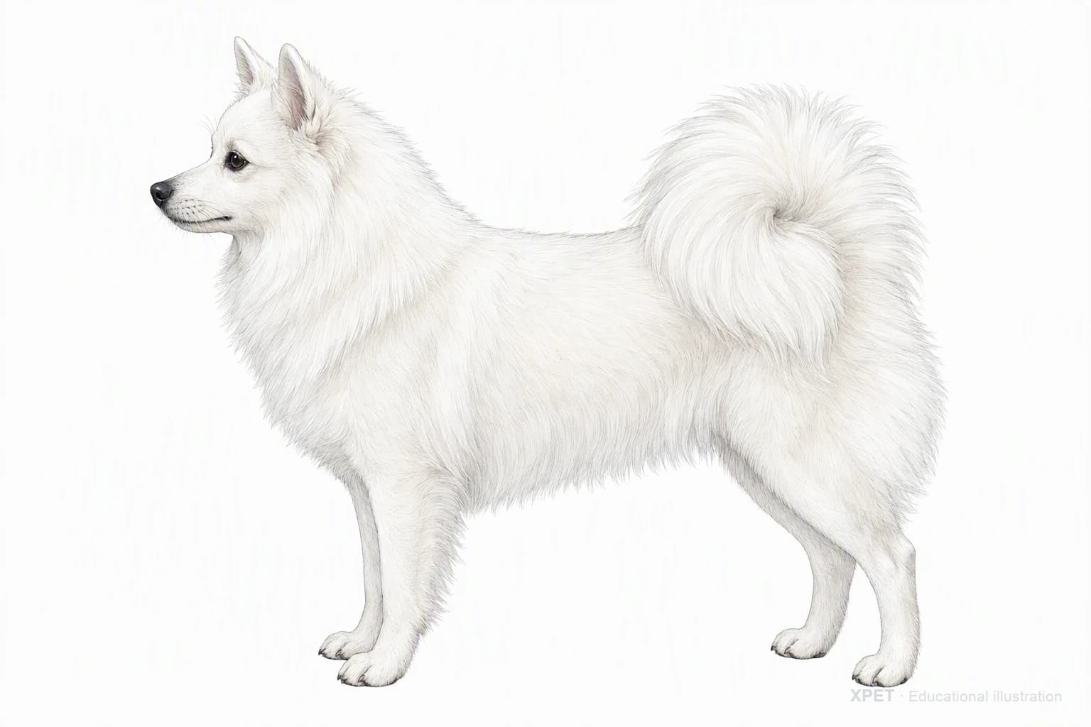 Original XPET engraving and watercolor illustration of Japanese Spitz: an adult in left-facing profile.