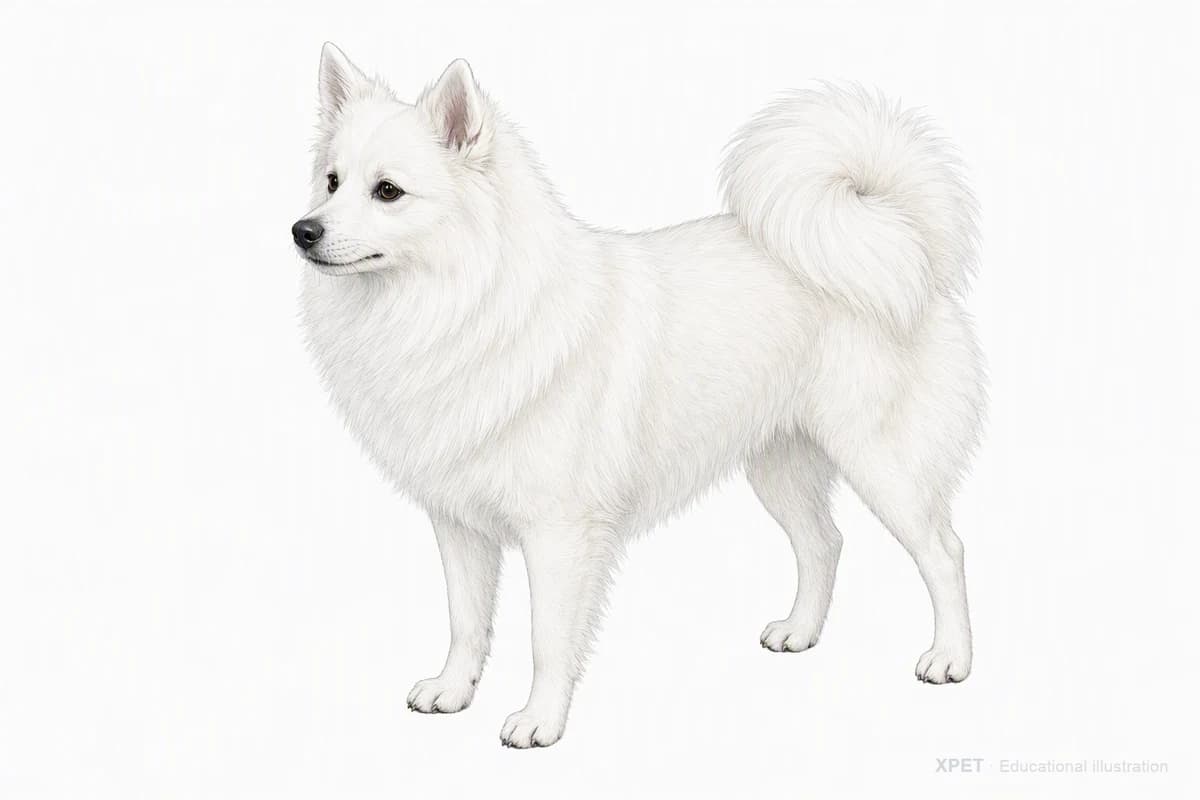 Original XPET engraving and watercolor illustration of Japanese Spitz: a complete three-quarter standing view.