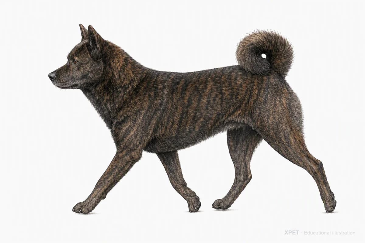 Original XPET engraving and watercolor illustration of Kai Ken: a natural movement study.