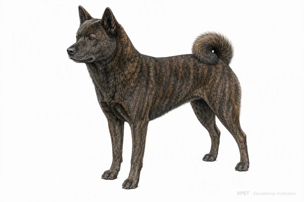 Original XPET engraving and watercolor illustration of Kai Ken: a complete three-quarter standing view.