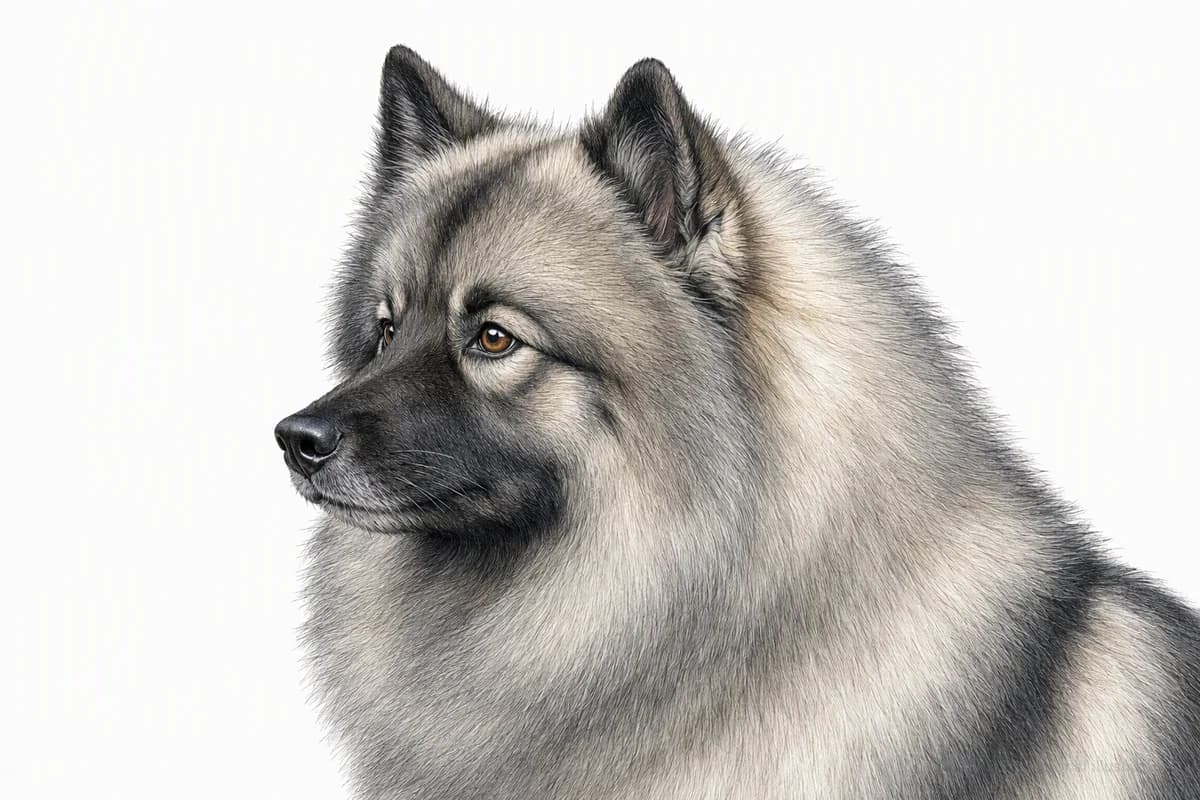 Original XPET engraving and watercolor illustration of Keeshond: a head and coat detail study.