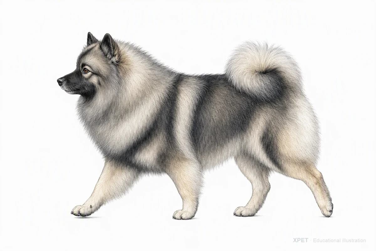 Original XPET engraving and watercolor illustration of Keeshond: a natural movement study.