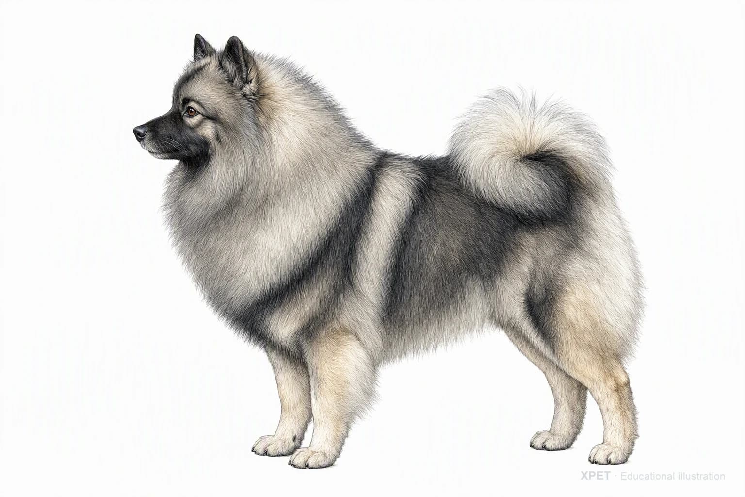 Original XPET engraving and watercolor illustration of Keeshond: an adult in left-facing profile.