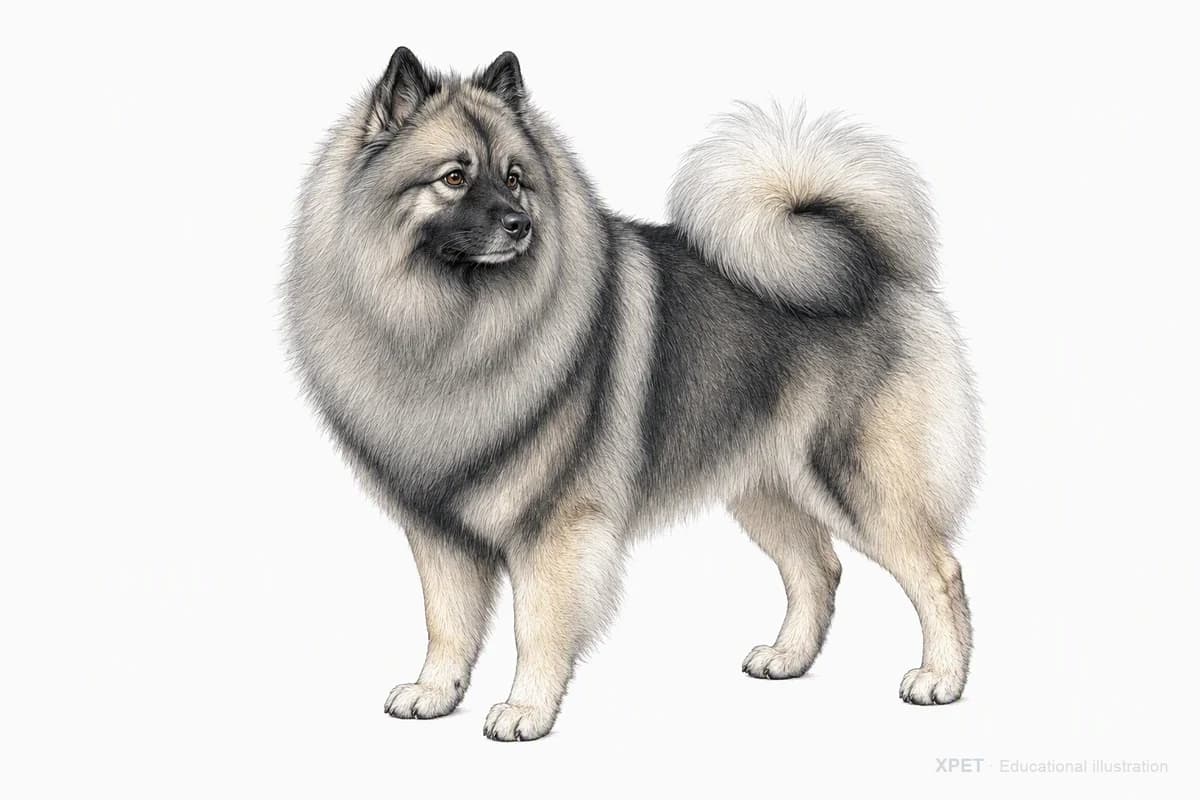 Original XPET engraving and watercolor illustration of Keeshond: a complete three-quarter standing view.