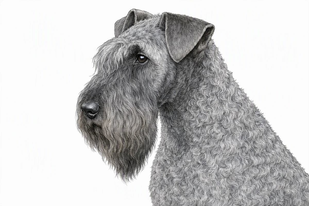 Original XPET engraving and watercolor illustration of Kerry Blue Terrier: a head and coat detail study.