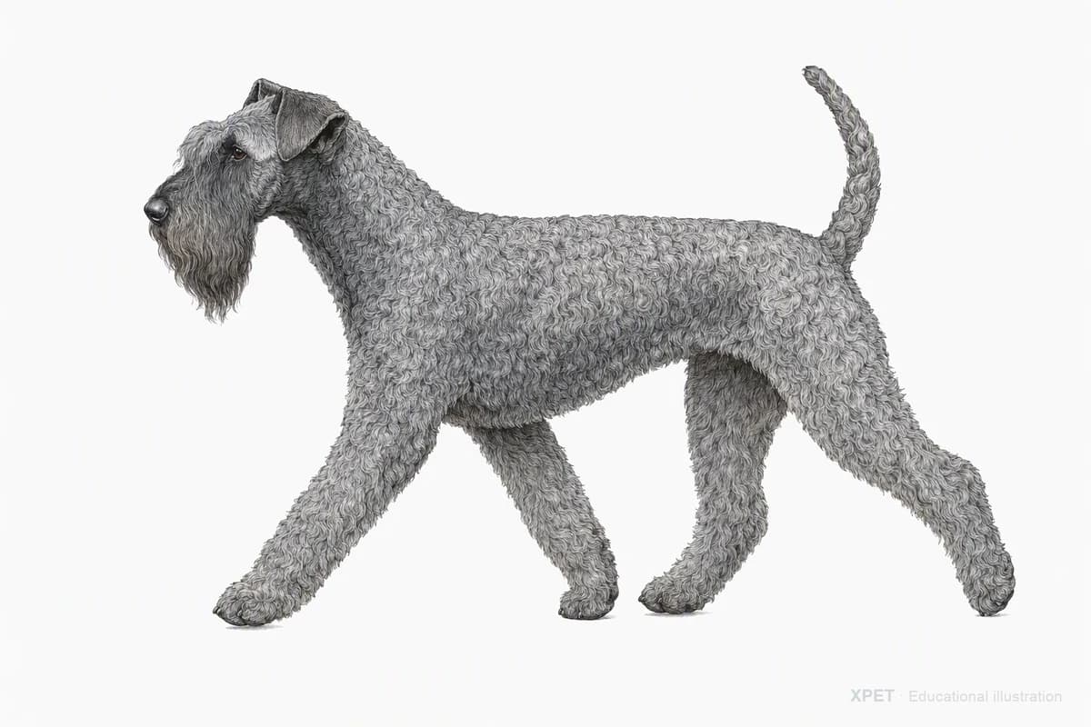 Original XPET engraving and watercolor illustration of Kerry Blue Terrier: a natural movement study.