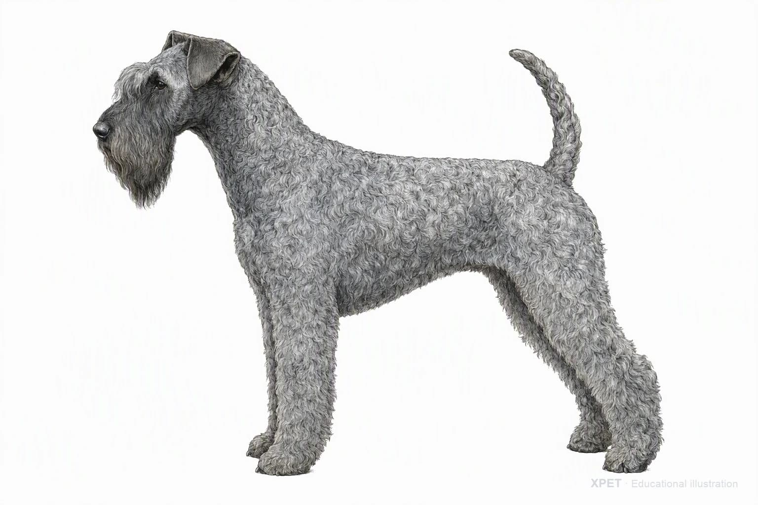 Original XPET engraving and watercolor illustration of Kerry Blue Terrier: an adult in left-facing profile.