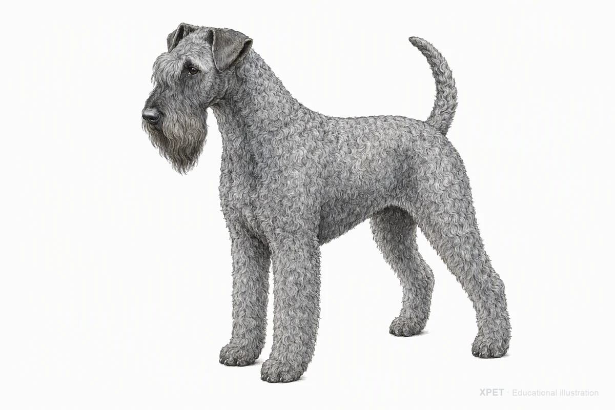 Original XPET engraving and watercolor illustration of Kerry Blue Terrier: a complete three-quarter standing view.