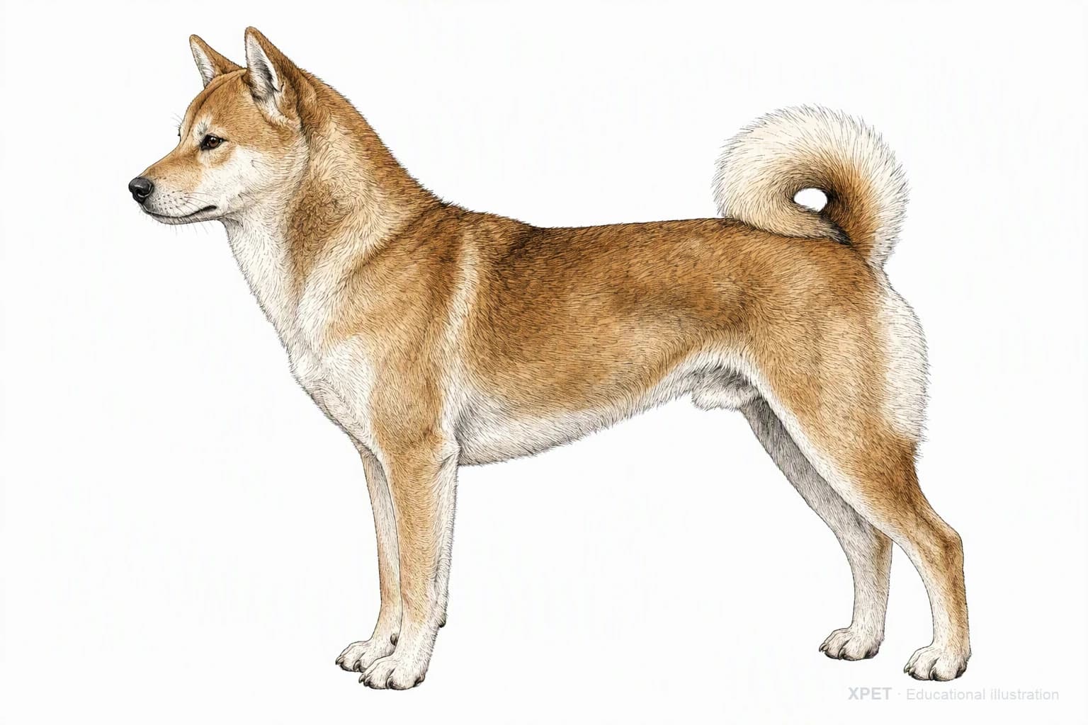 Original XPET engraving and watercolor illustration of Kishu Ken: an adult in left-facing profile.