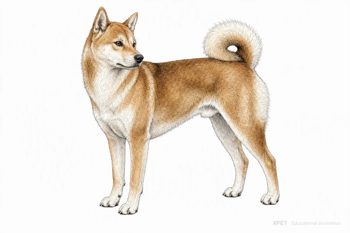 Original XPET engraving and watercolor illustration of Kishu Ken: a complete three-quarter standing view.