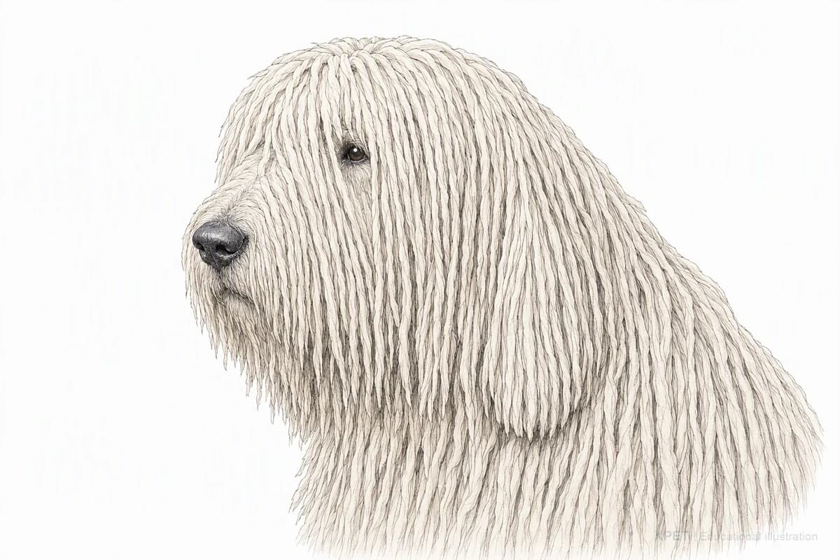 Original XPET engraving and watercolor illustration of Komondor: a head and coat detail study.