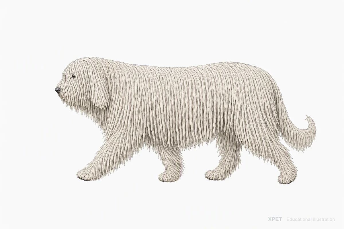 Original XPET engraving and watercolor illustration of Komondor: a natural movement study.