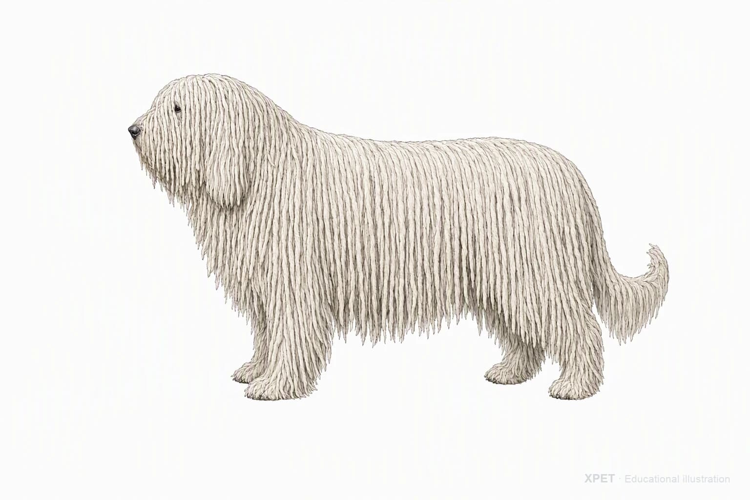Original XPET engraving and watercolor illustration of Komondor: an adult in left-facing profile.