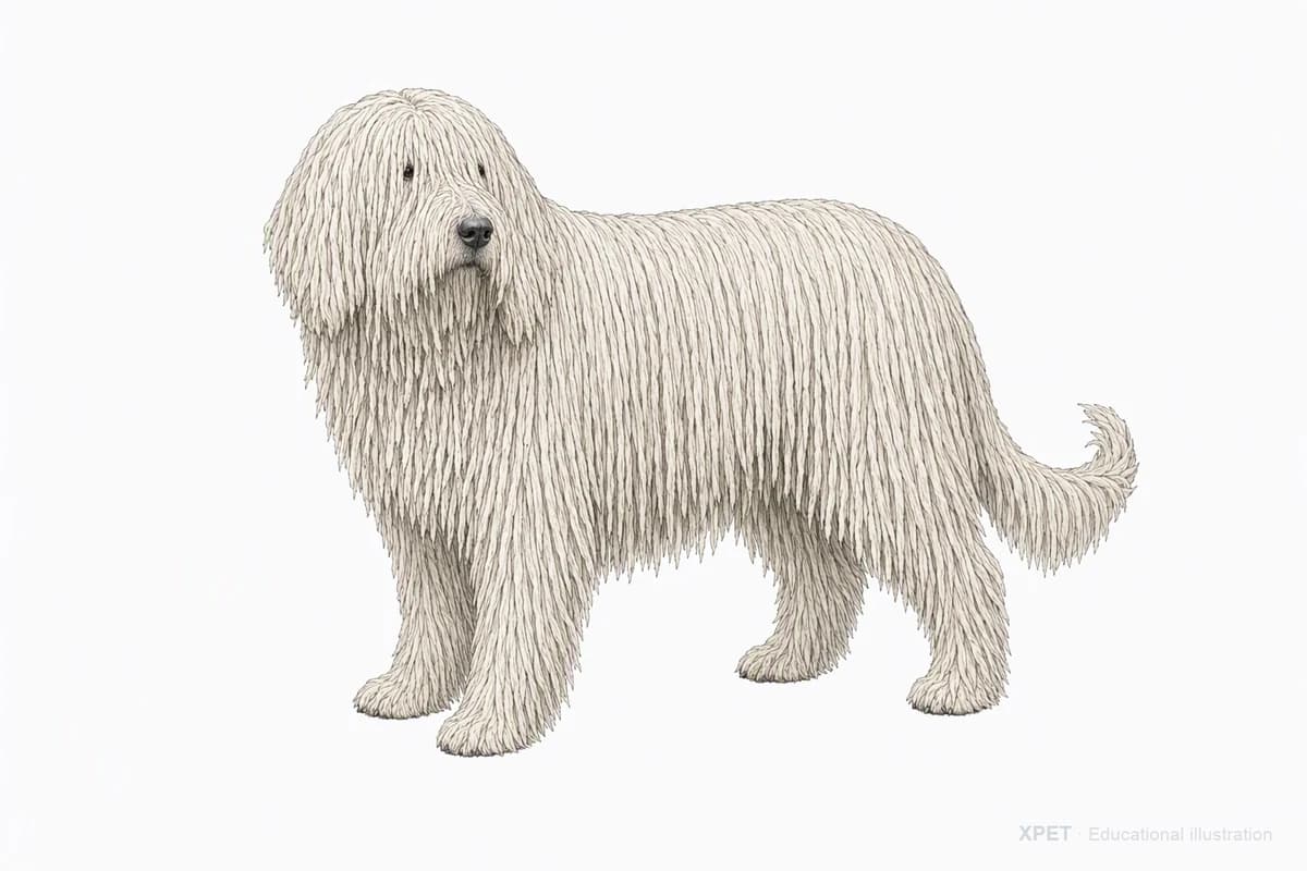 Original XPET engraving and watercolor illustration of Komondor: a complete three-quarter standing view.