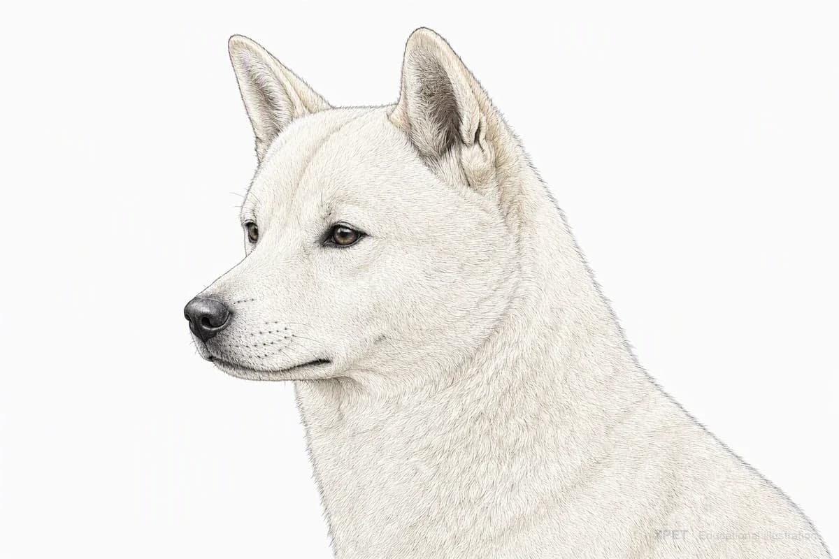 Original XPET engraving and watercolor illustration of Korean Jindo: a head and coat detail study.