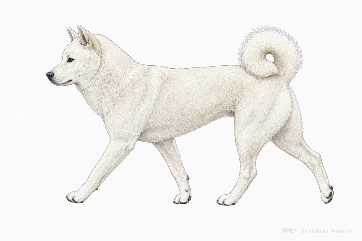 Original XPET engraving and watercolor illustration of Korean Jindo: a natural movement study.