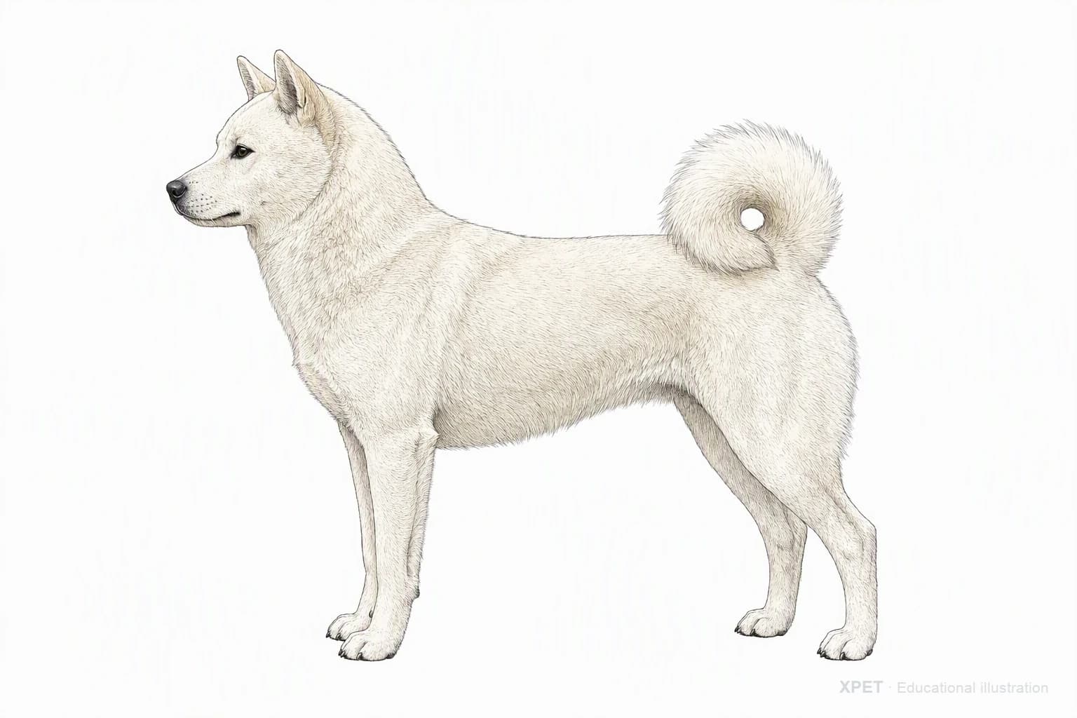 Original XPET engraving and watercolor illustration of Korean Jindo: an adult in left-facing profile.
