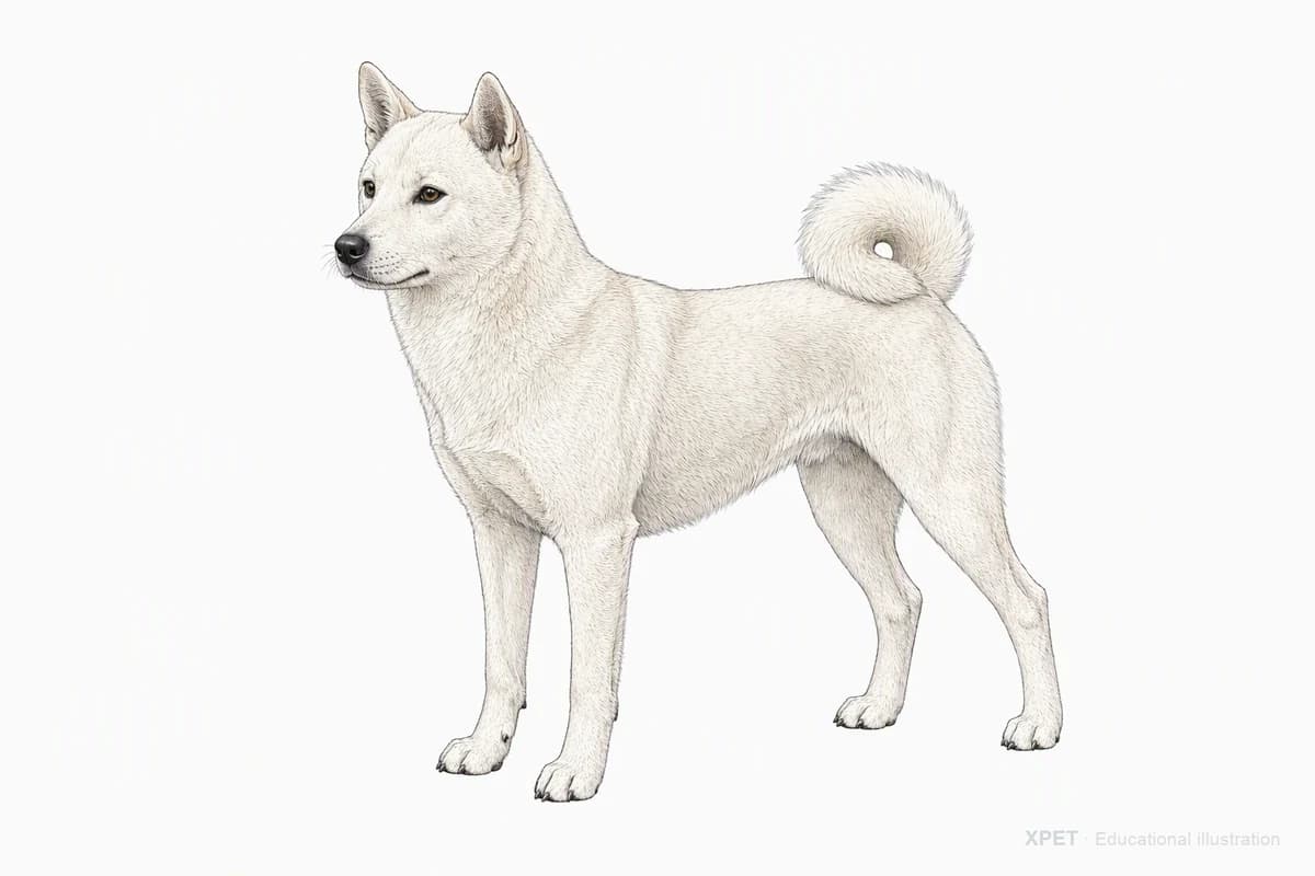 Original XPET engraving and watercolor illustration of Korean Jindo: a complete three-quarter standing view.