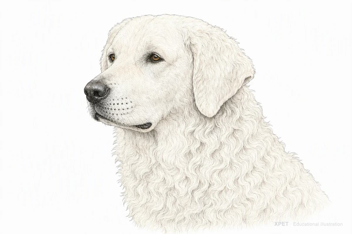 Original XPET engraving and watercolor illustration of Kuvasz: a head and coat detail study.