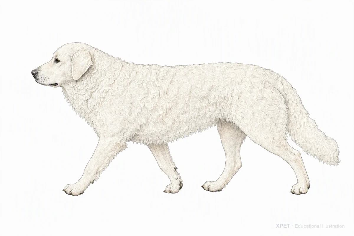 Original XPET engraving and watercolor illustration of Kuvasz: a natural movement study.