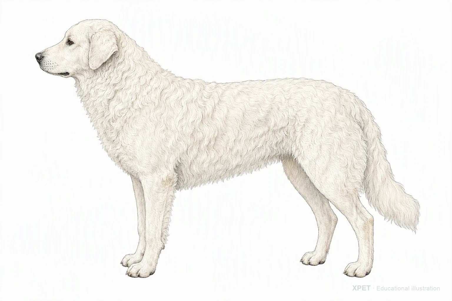 Original XPET engraving and watercolor illustration of Kuvasz: an adult in left-facing profile.
