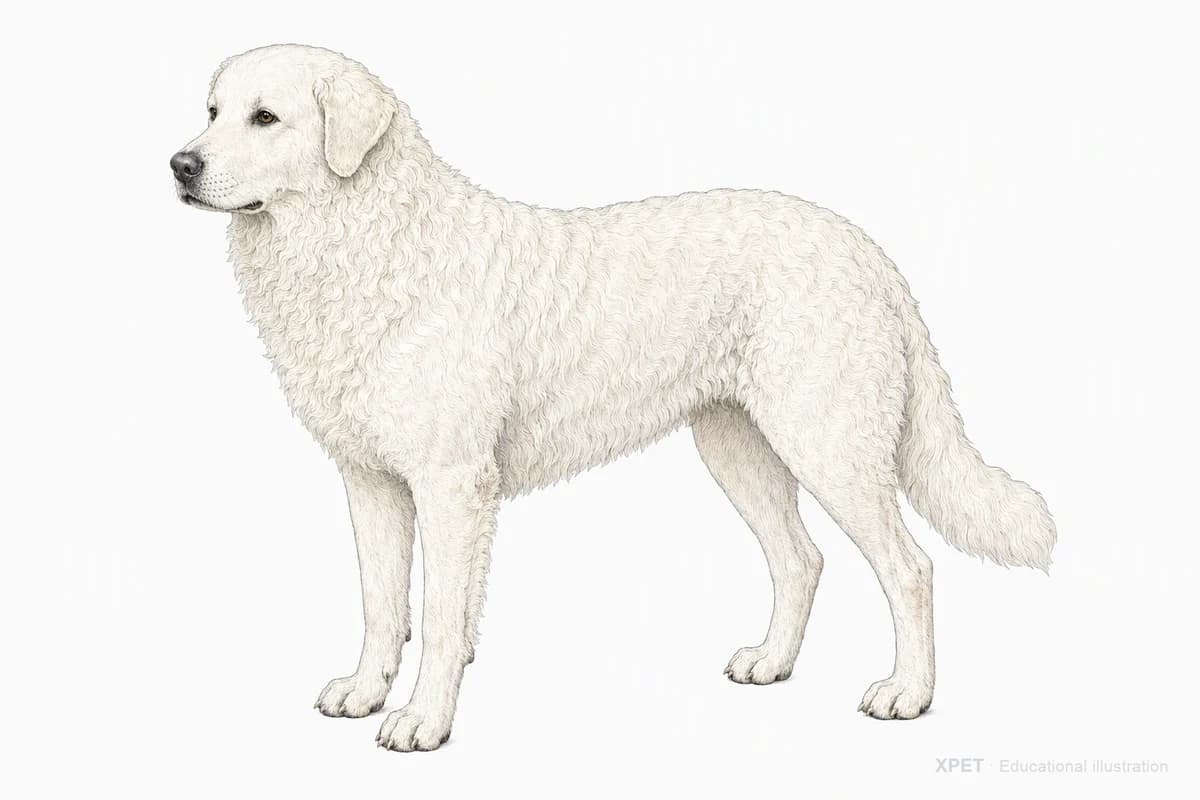 Original XPET engraving and watercolor illustration of Kuvasz: a complete three-quarter standing view.