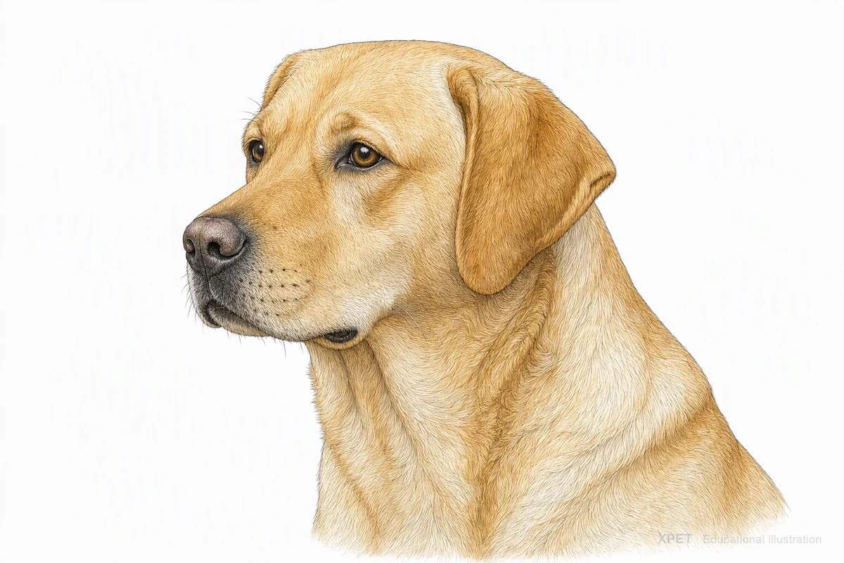 Original XPET engraving and watercolor illustration of Labrador Retriever: a head and coat detail study.