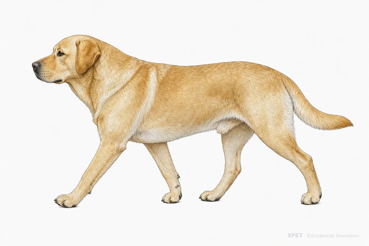 Original XPET engraving and watercolor illustration of Labrador Retriever: a natural movement study.