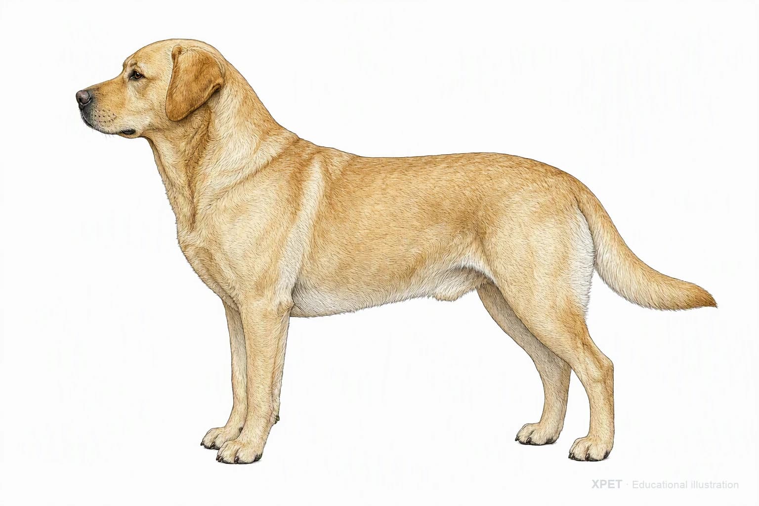 Original XPET engraving and watercolor illustration of Labrador Retriever: an adult in left-facing profile.