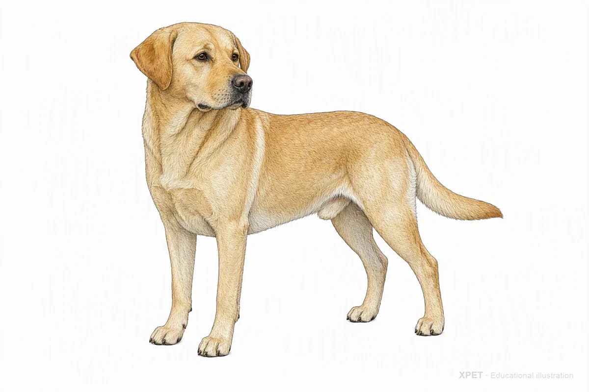 Original XPET engraving and watercolor illustration of Labrador Retriever: a complete three-quarter standing view.