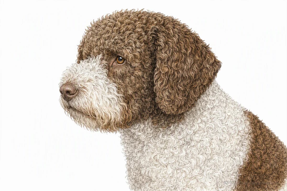 Original XPET engraving and watercolor illustration of Lagotto Romagnolo: a head and coat detail study.