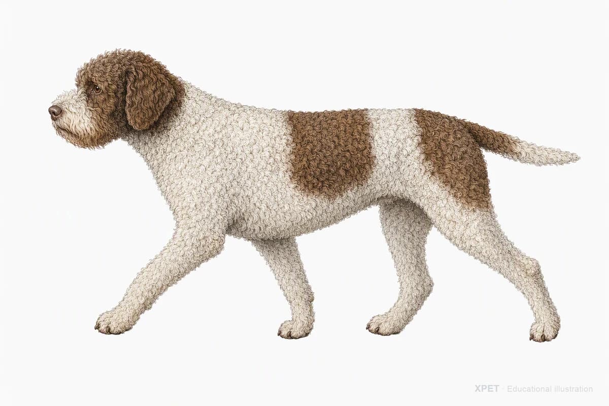 Original XPET engraving and watercolor illustration of Lagotto Romagnolo: a natural movement study.