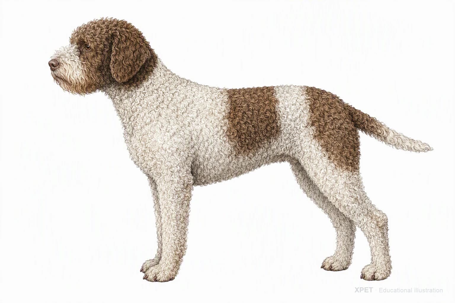 Original XPET engraving and watercolor illustration of Lagotto Romagnolo: an adult in left-facing profile.