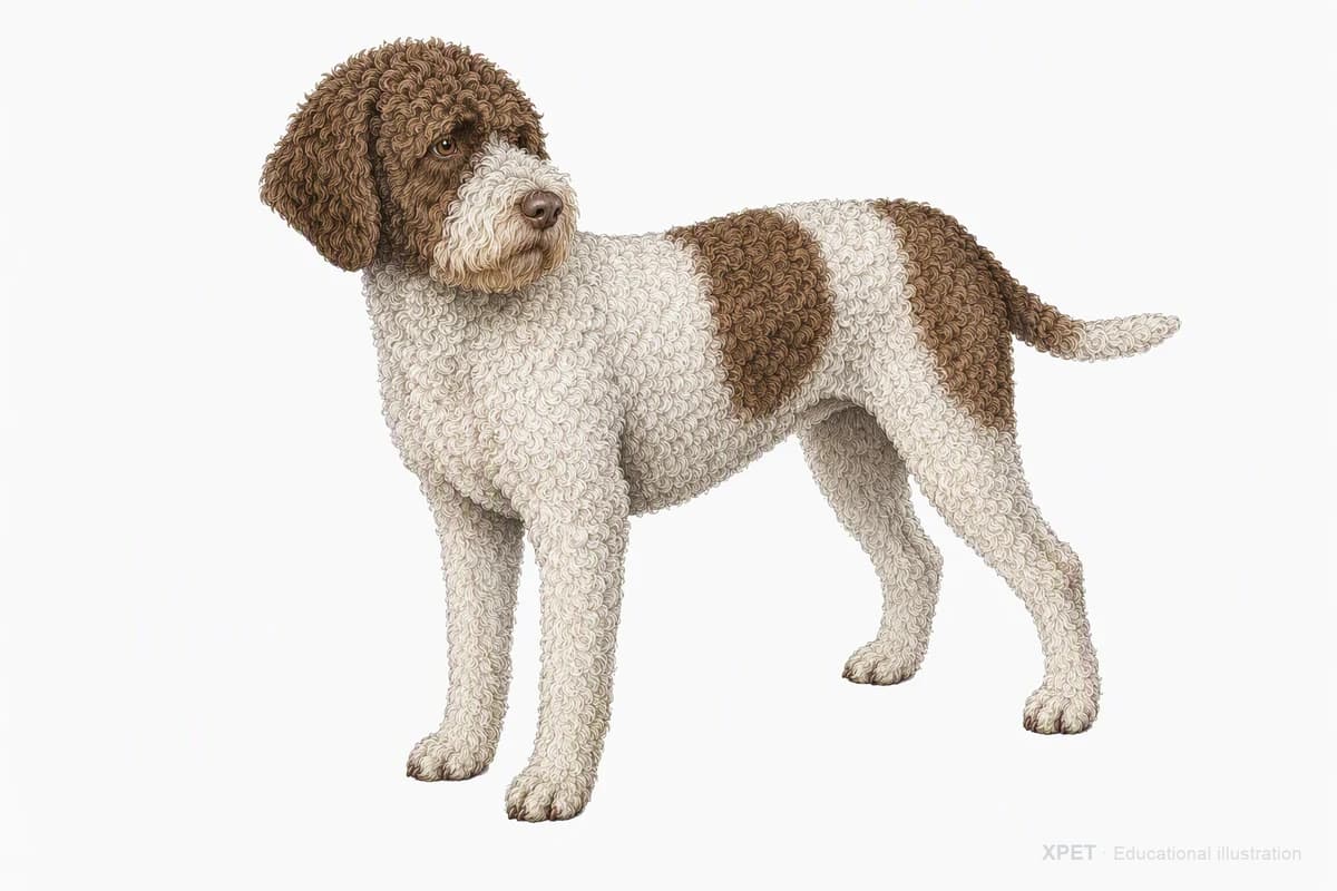 Original XPET engraving and watercolor illustration of Lagotto Romagnolo: a complete three-quarter standing view.