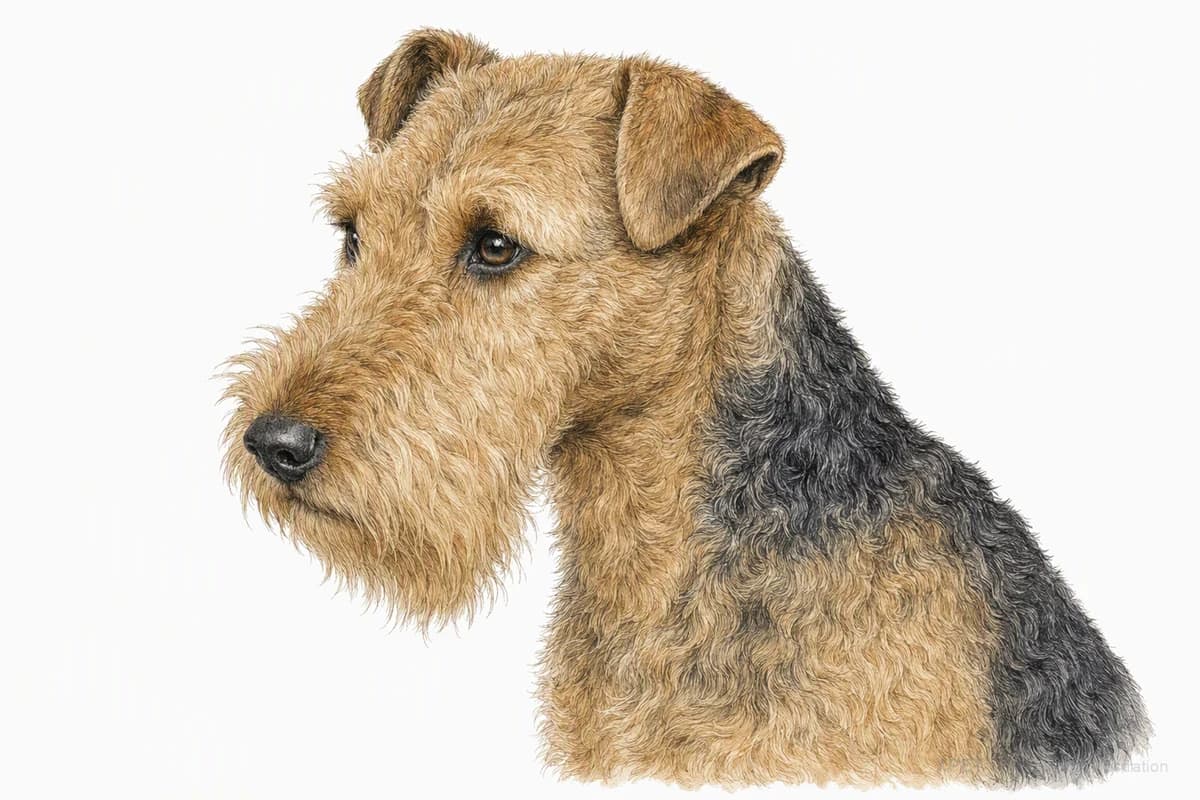 Original XPET engraving and watercolor illustration of Lakeland Terrier: a head and coat detail study.