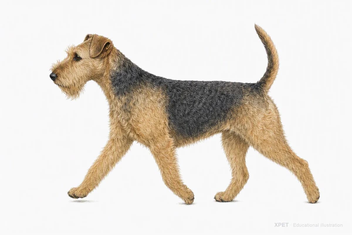 Original XPET engraving and watercolor illustration of Lakeland Terrier: a natural movement study.
