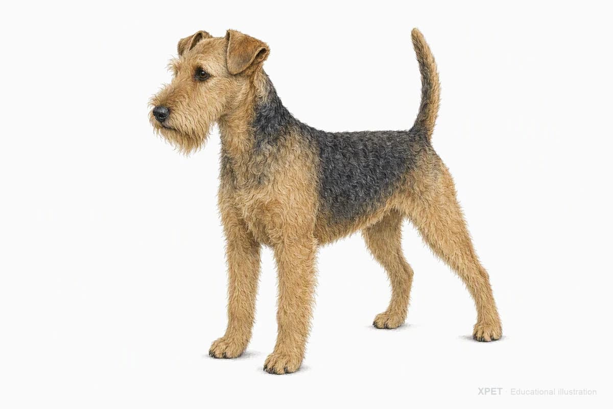 Original XPET engraving and watercolor illustration of Lakeland Terrier: a complete three-quarter standing view.