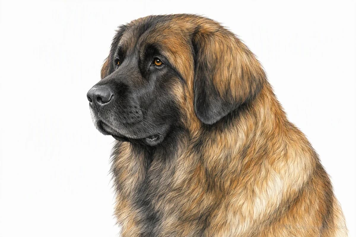 Original XPET engraving and watercolor illustration of Leonberger: a head and coat detail study.